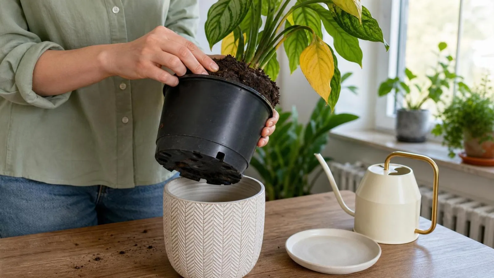 Manos revisando el drenaje y la humedad de una planta con hojas amarillas