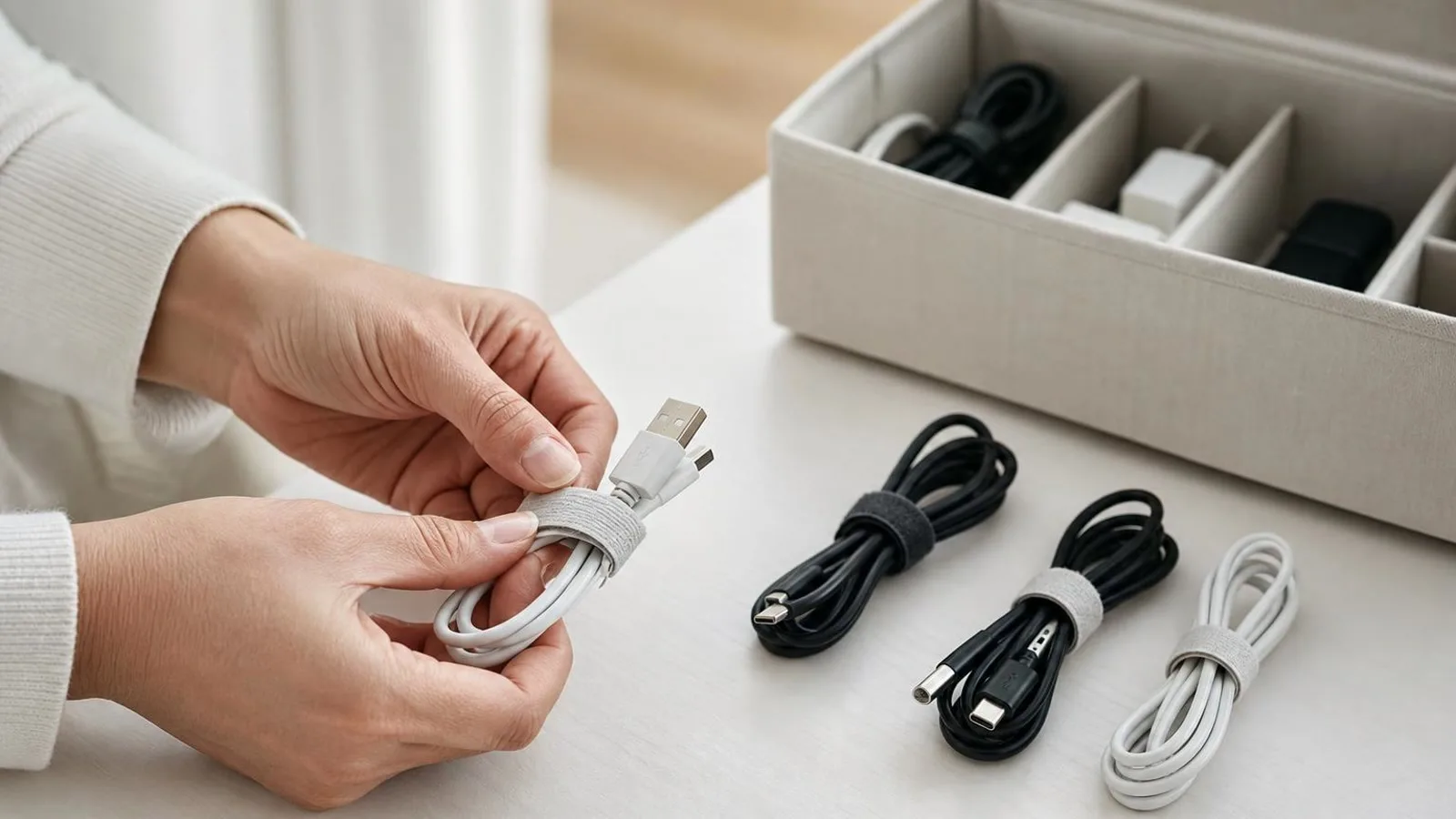 Manos enrollando cables con tiras de velcro en una mesa ordenada