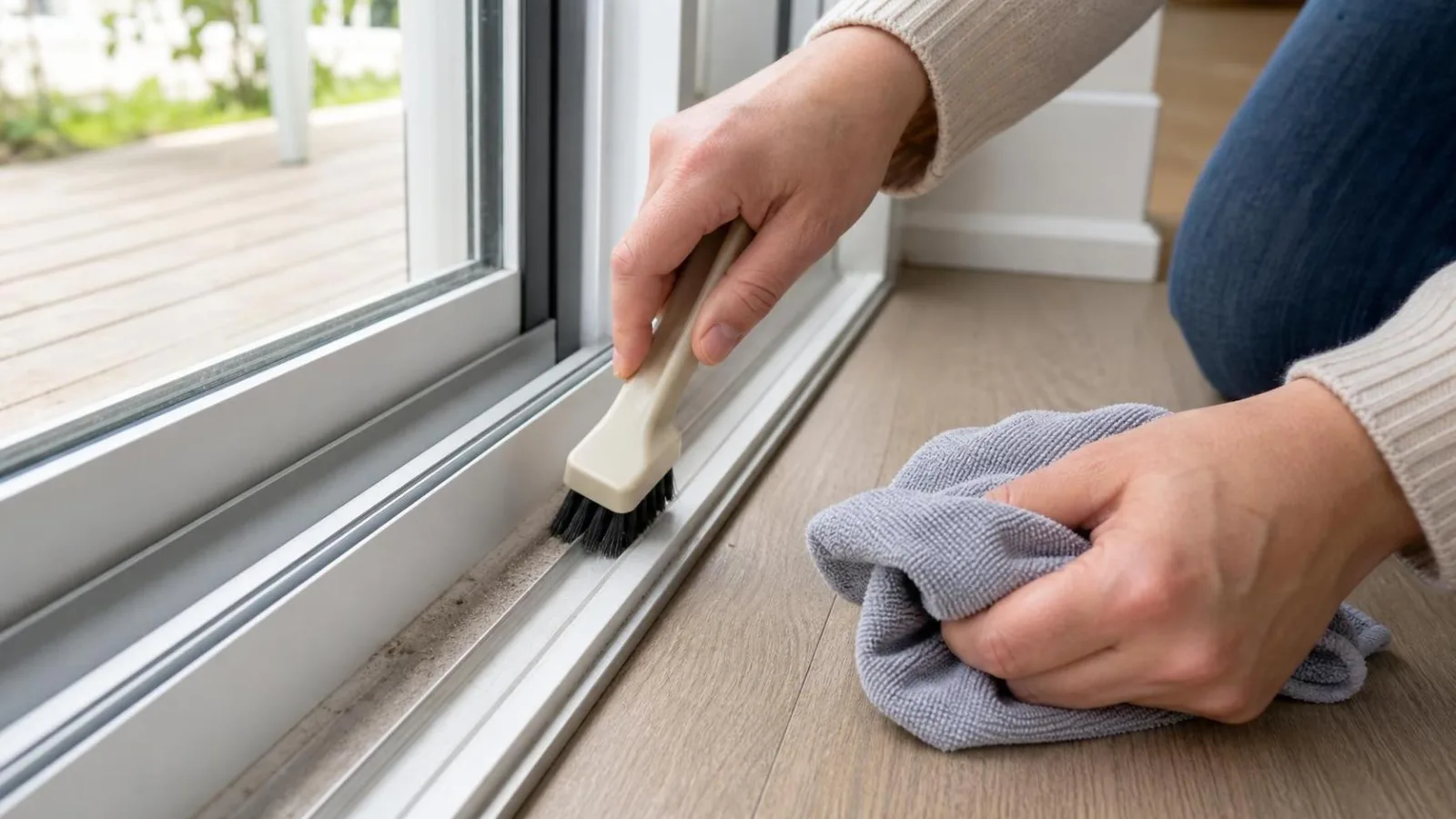 Manos limpiando el riel de una ventana corrediza con cepillo pequeno y pano de microfibra