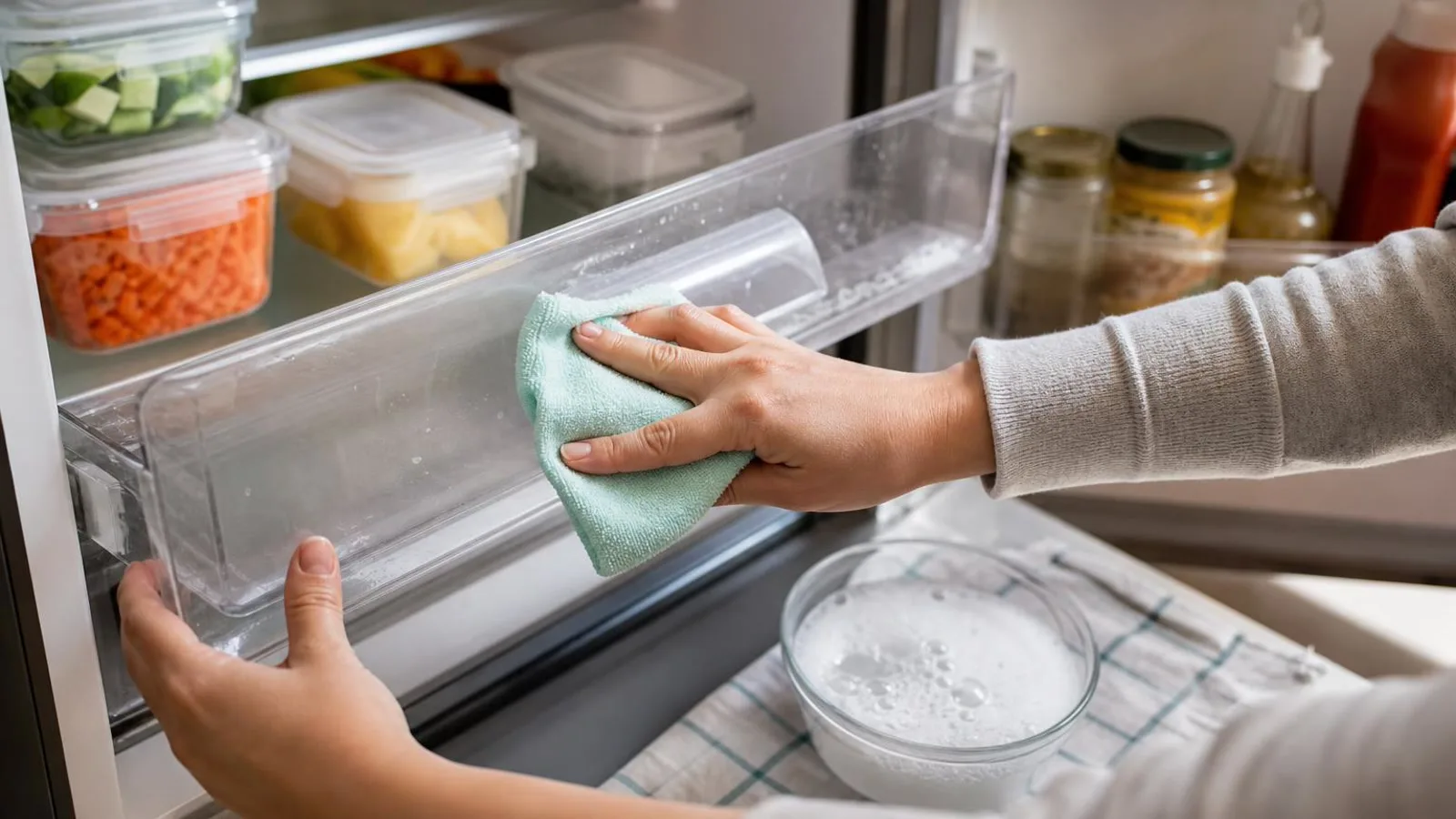 Manos limpiando una repisa del refrigerador con pano de microfibra y jabon suave