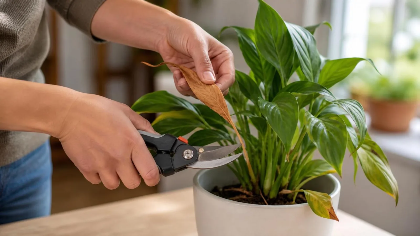 Manos podando una hoja seca de planta de interior con tijeras limpias