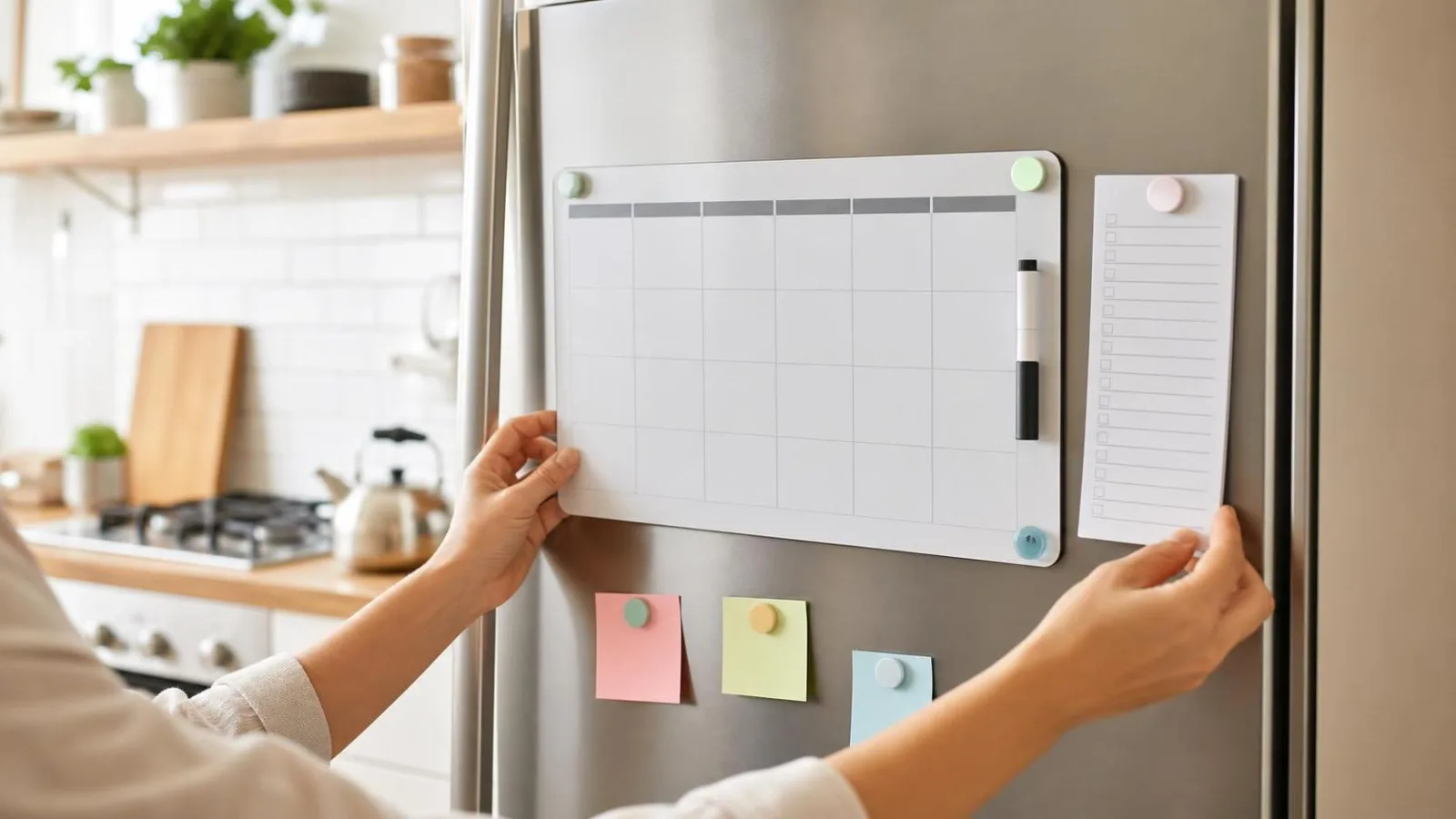 Manos organizando una pizarra semanal y una lista de compras sobre la puerta del refrigerador en una cocina familiar