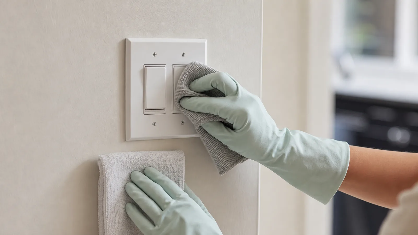 Manos con guantes limpiando un interruptor con pano de microfibra apenas humedo