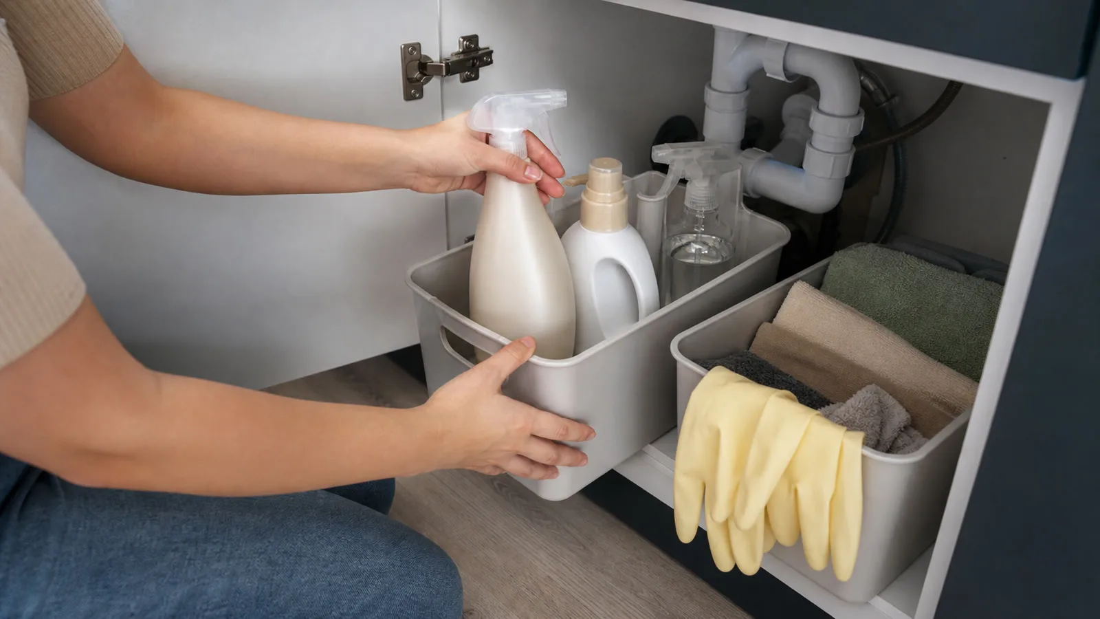 Manos colocando productos de limpieza en contenedores debajo del fregadero de cocina