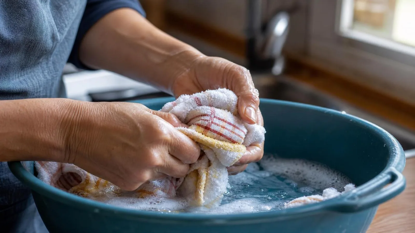 Manos lavando trapos de cocina con jabon en un recipiente con agua tibia