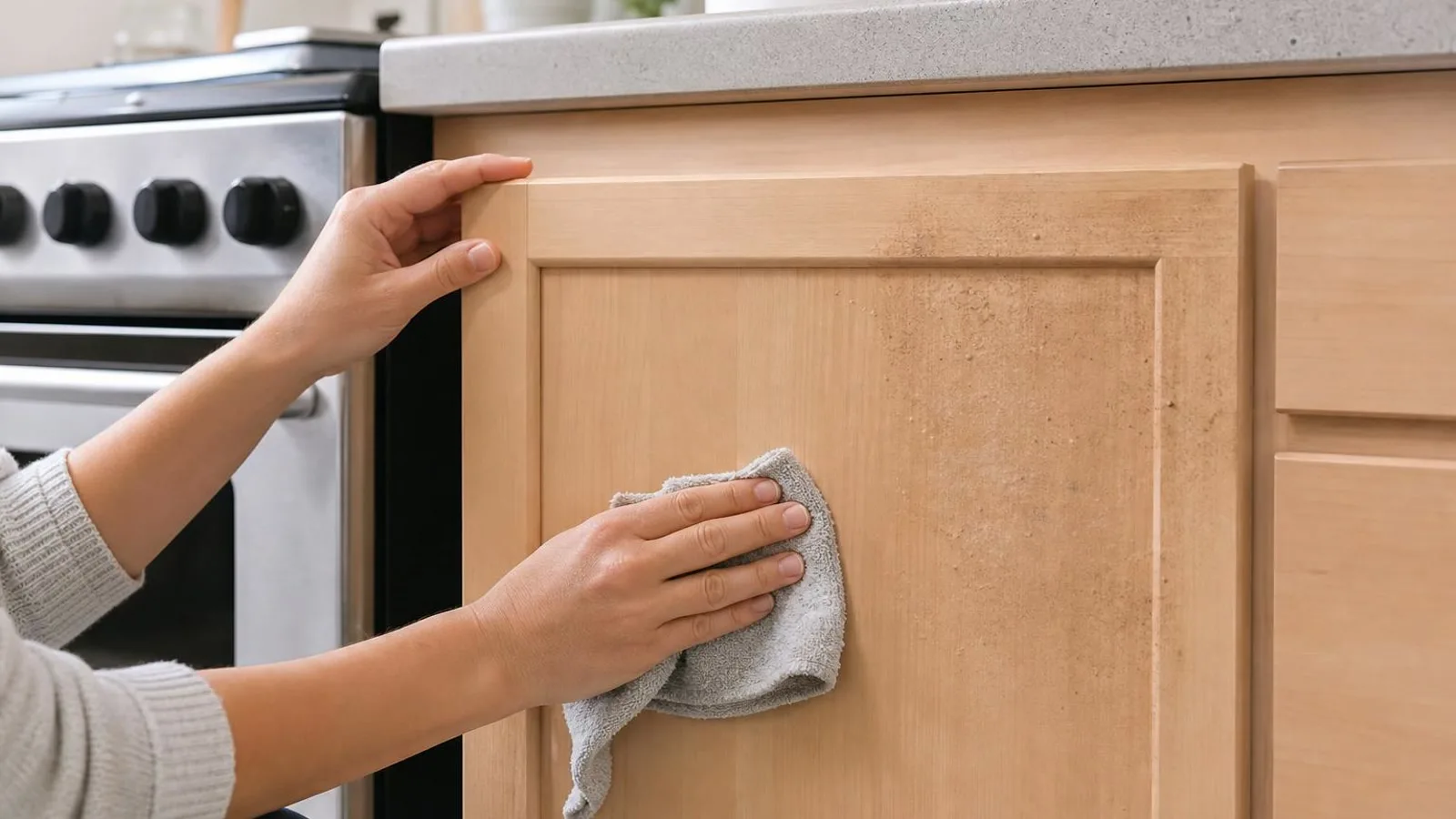 Manos limpiando una puerta de gabinete de cocina con pano de microfibra apenas humedo