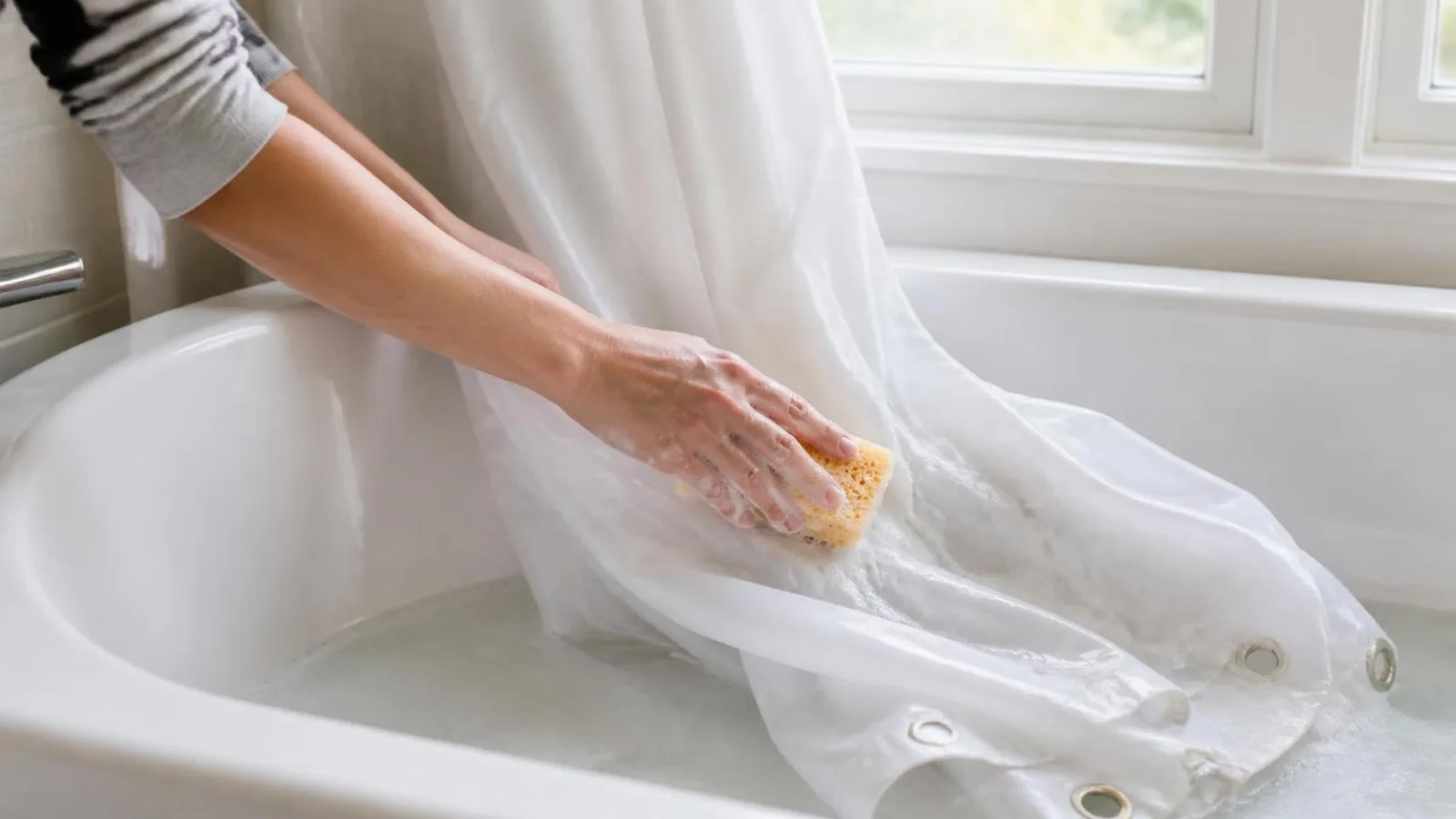 Manos limpiando una cortina de baño en la tina con esponja suave y agua jabonosa