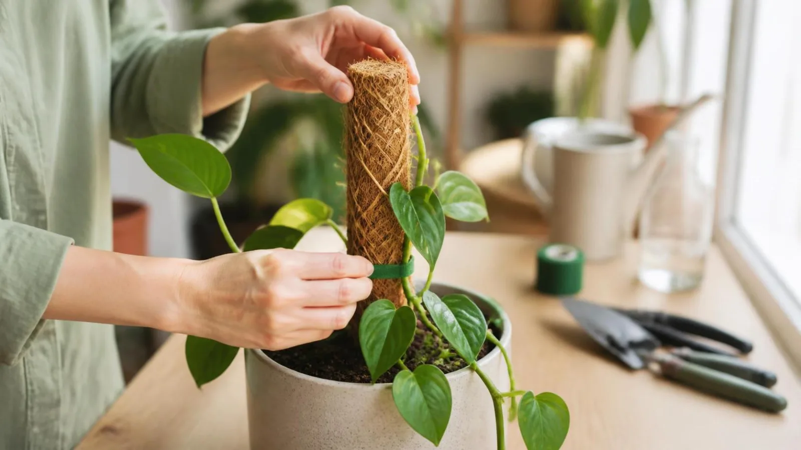 Manos colocando un tutor a una planta trepadora de interior con amarres suaves