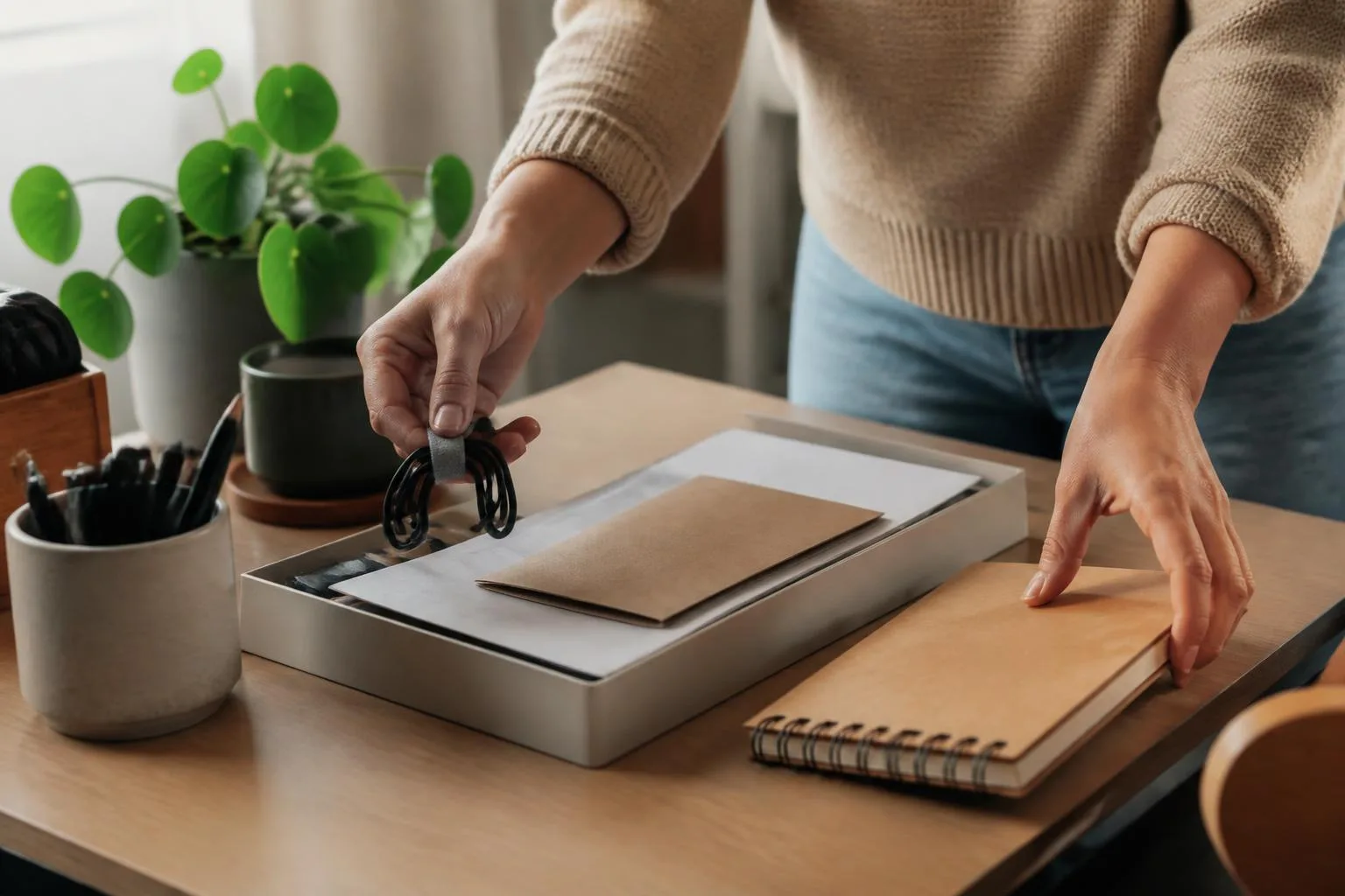 Manos organizando un escritorio pequeno con bandeja de papeles, libreta y cables sujetos