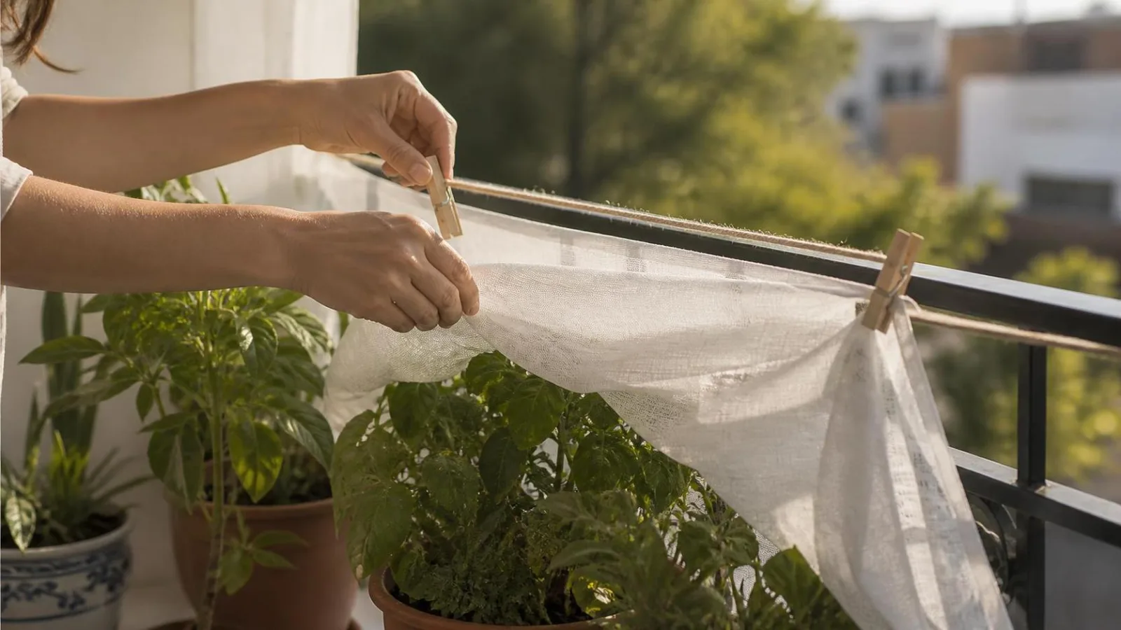 Manos colocando sombra ligera para plantas de balcon con malla clara
