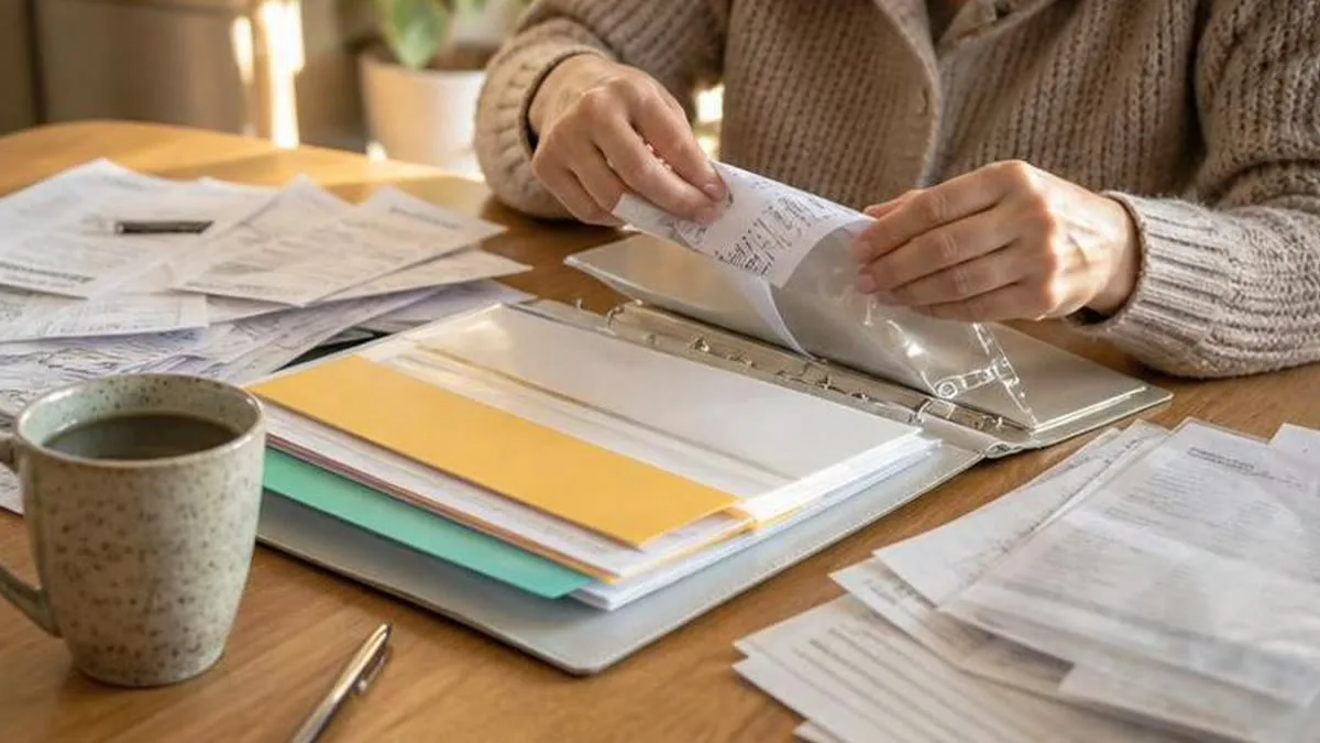 Carpeta familiar con documentos archivados, sobres transparentes y etiquetas simples en casa
