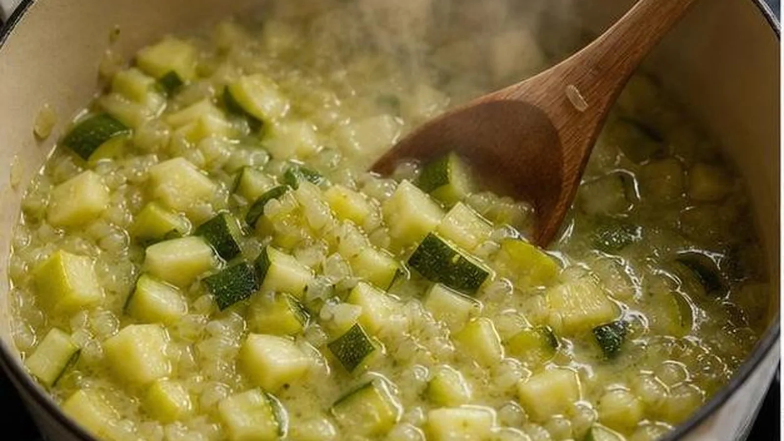 Calabacin y manzana cocinandose en olla con caldo de verduras para una crema casera