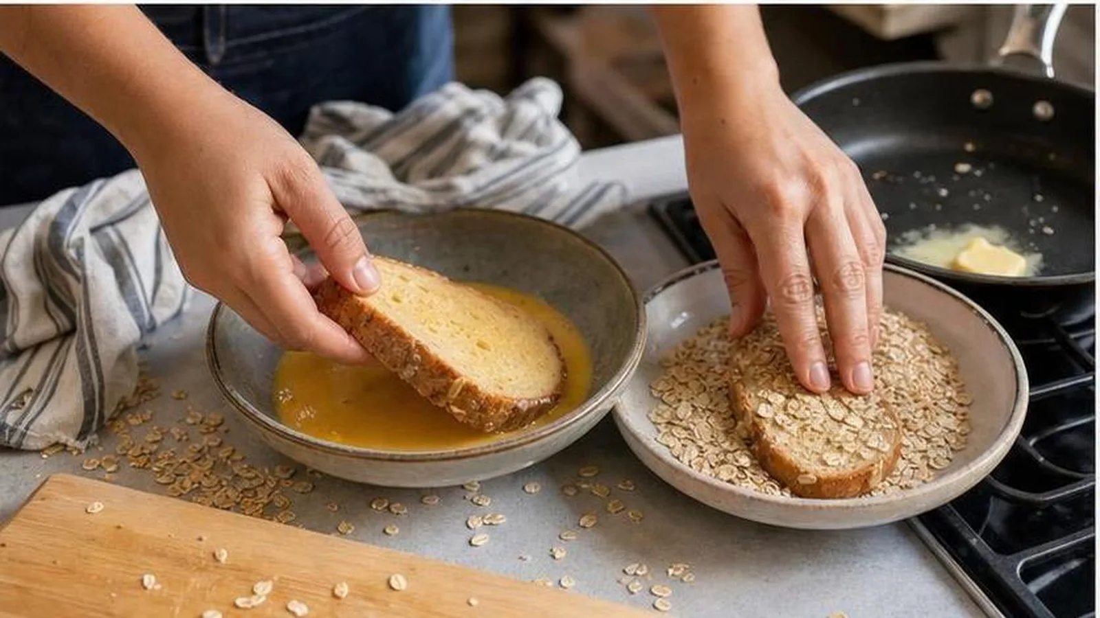 Tostadas francesas de avena dorandose en un sarten casero