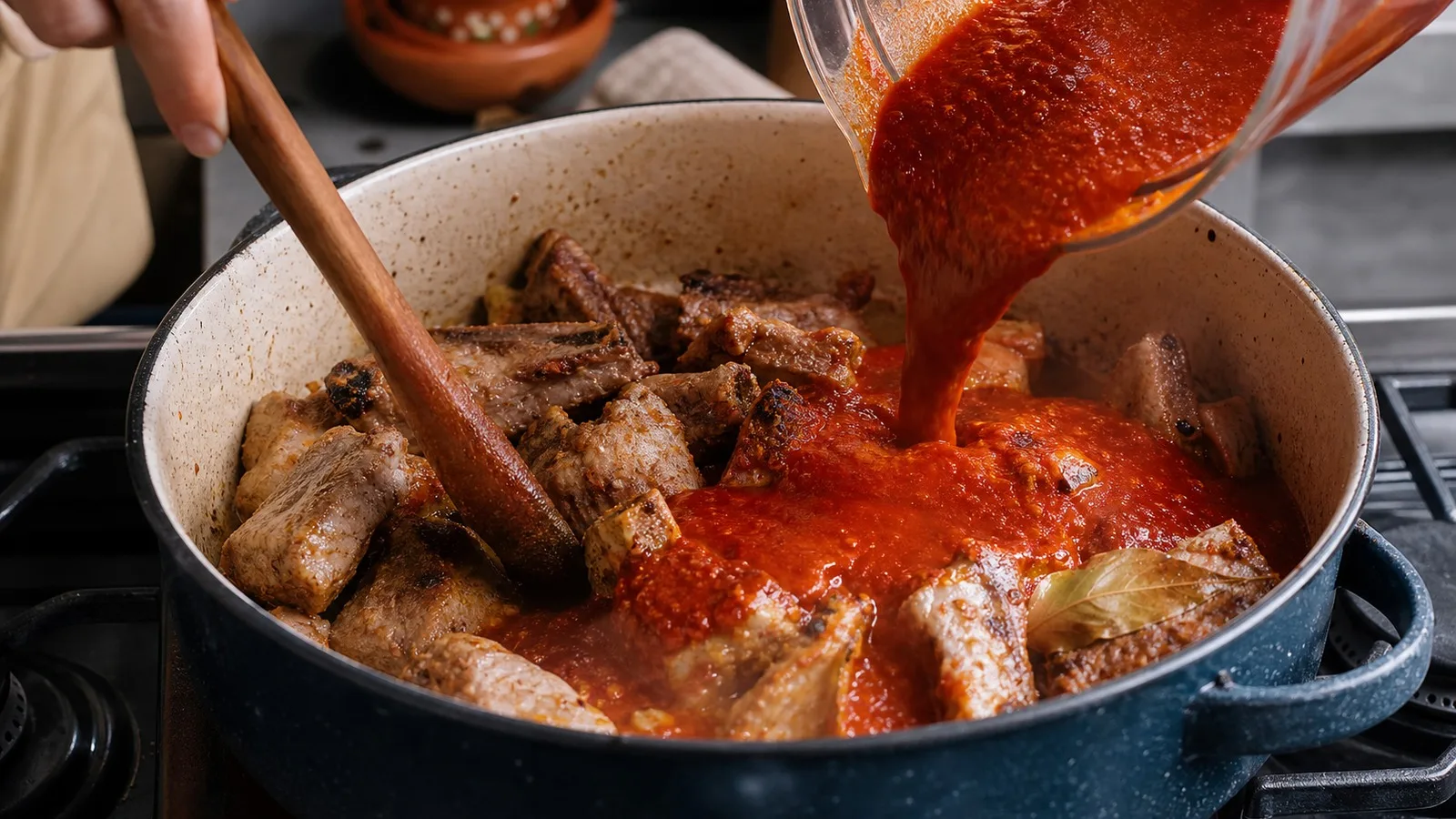 Costillas doradas cocinandose en salsa roja de guajillo y naranja