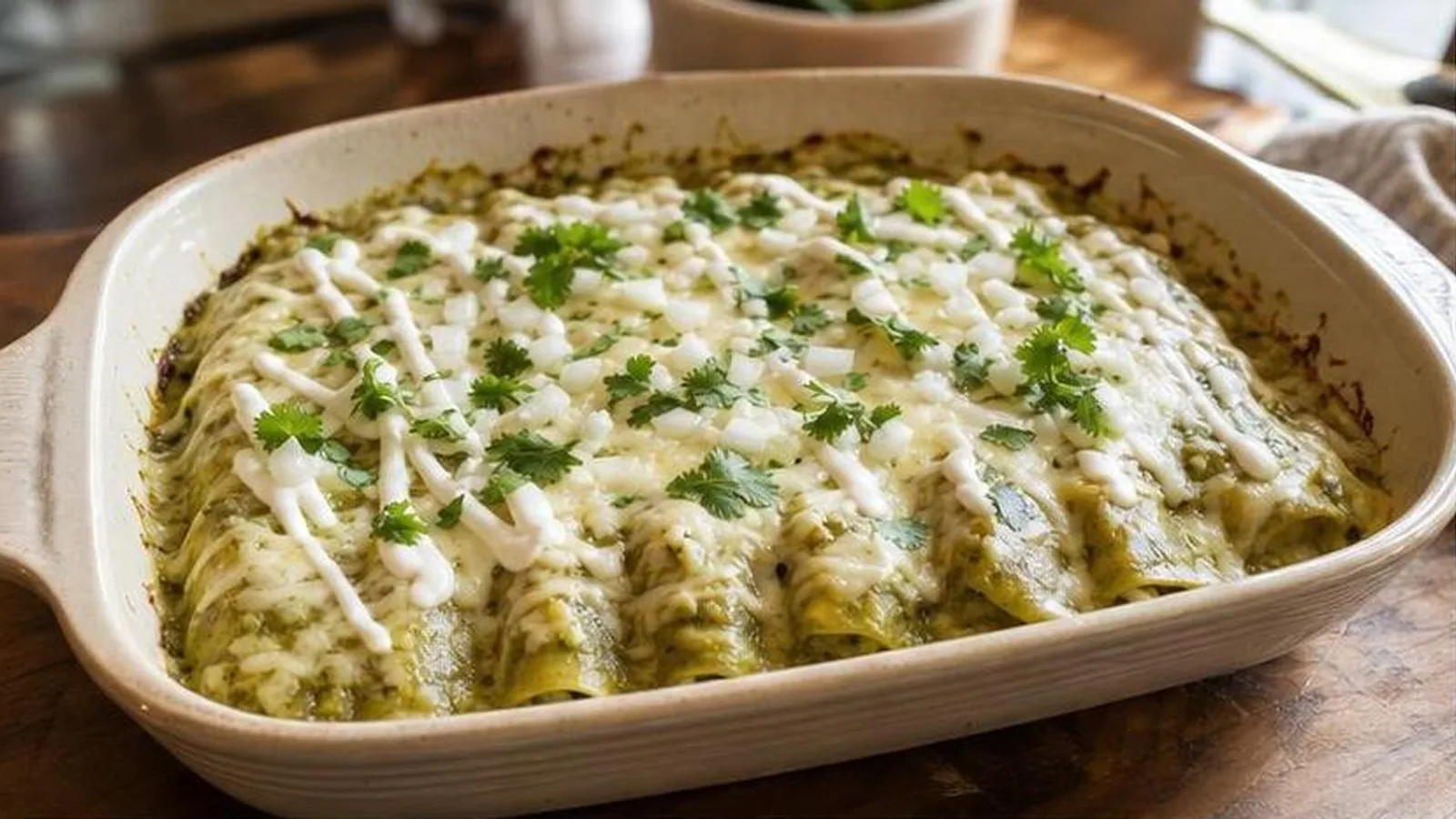 Enchiladas de calabacita cubiertas con salsa verde cremosa y queso en refractario casero