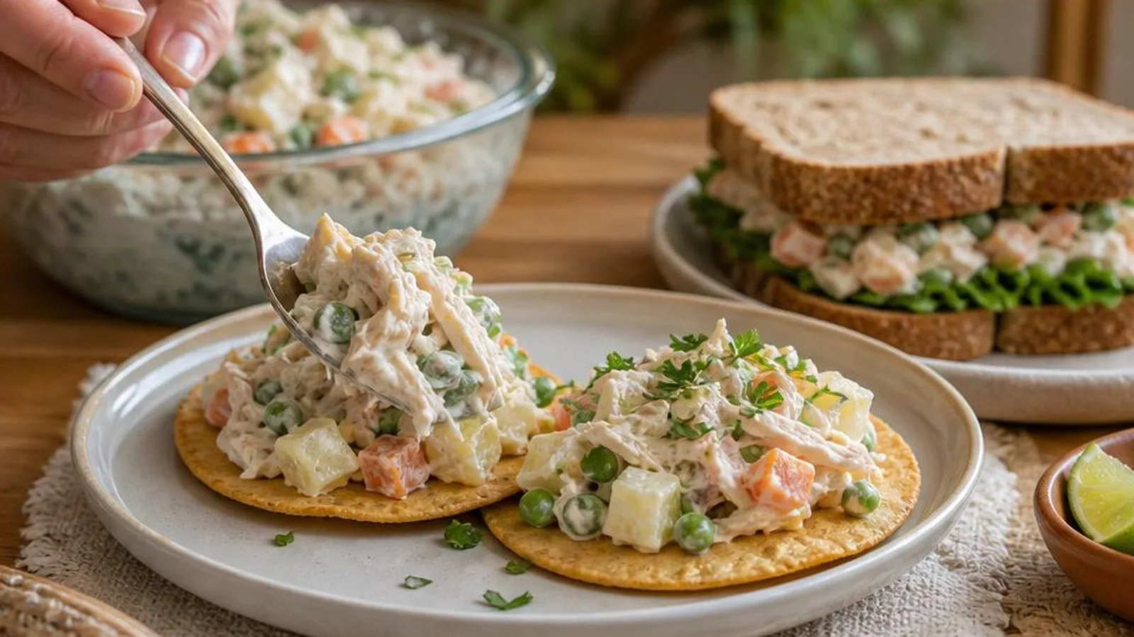 Ensalada de pollo fria servida sobre tostadas horneadas con sandwich integral al fondo