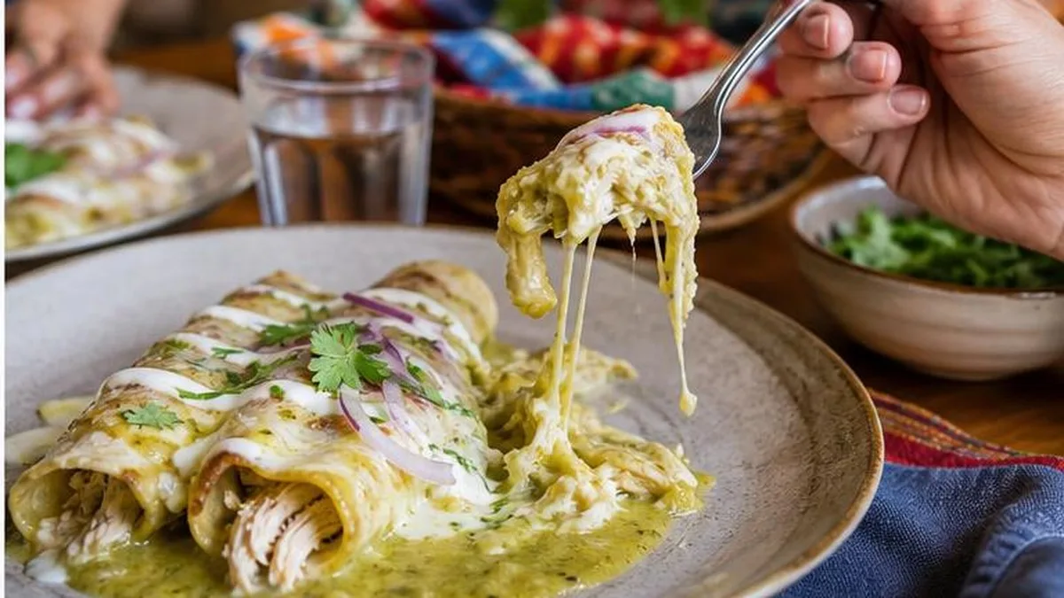 Enchiladas suizas verdes servidas calientes con queso gratinado, crema, cebolla y cilantro en mesa familiar