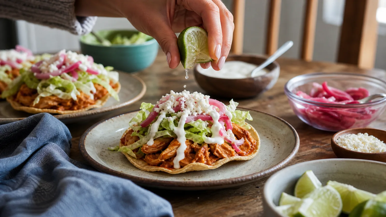Tostada de tinga de pollo terminada con crema, queso fresco, aguacate, cebolla y limon en mesa casera
