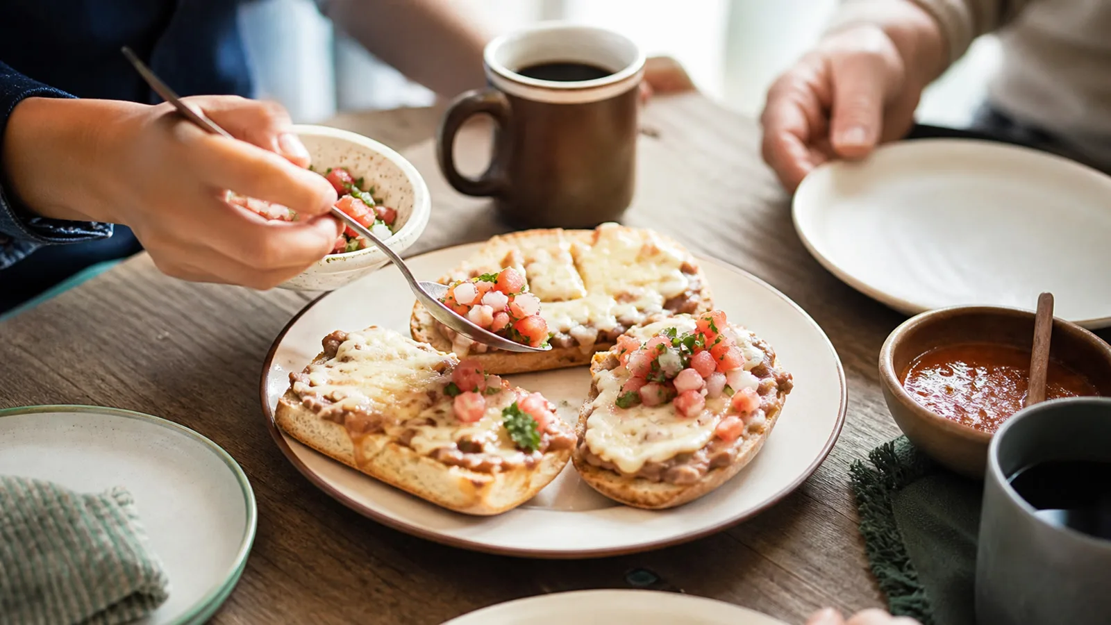 Molletes terminados con queso gratinado y pico de gallo servidos en mesa de desayuno