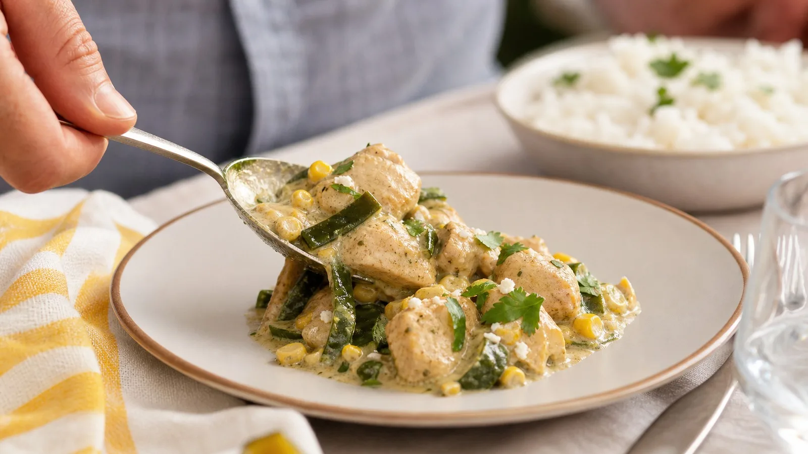 Pollo cremoso con rajas poblanas y elote servido en plato casero con arroz al fondo