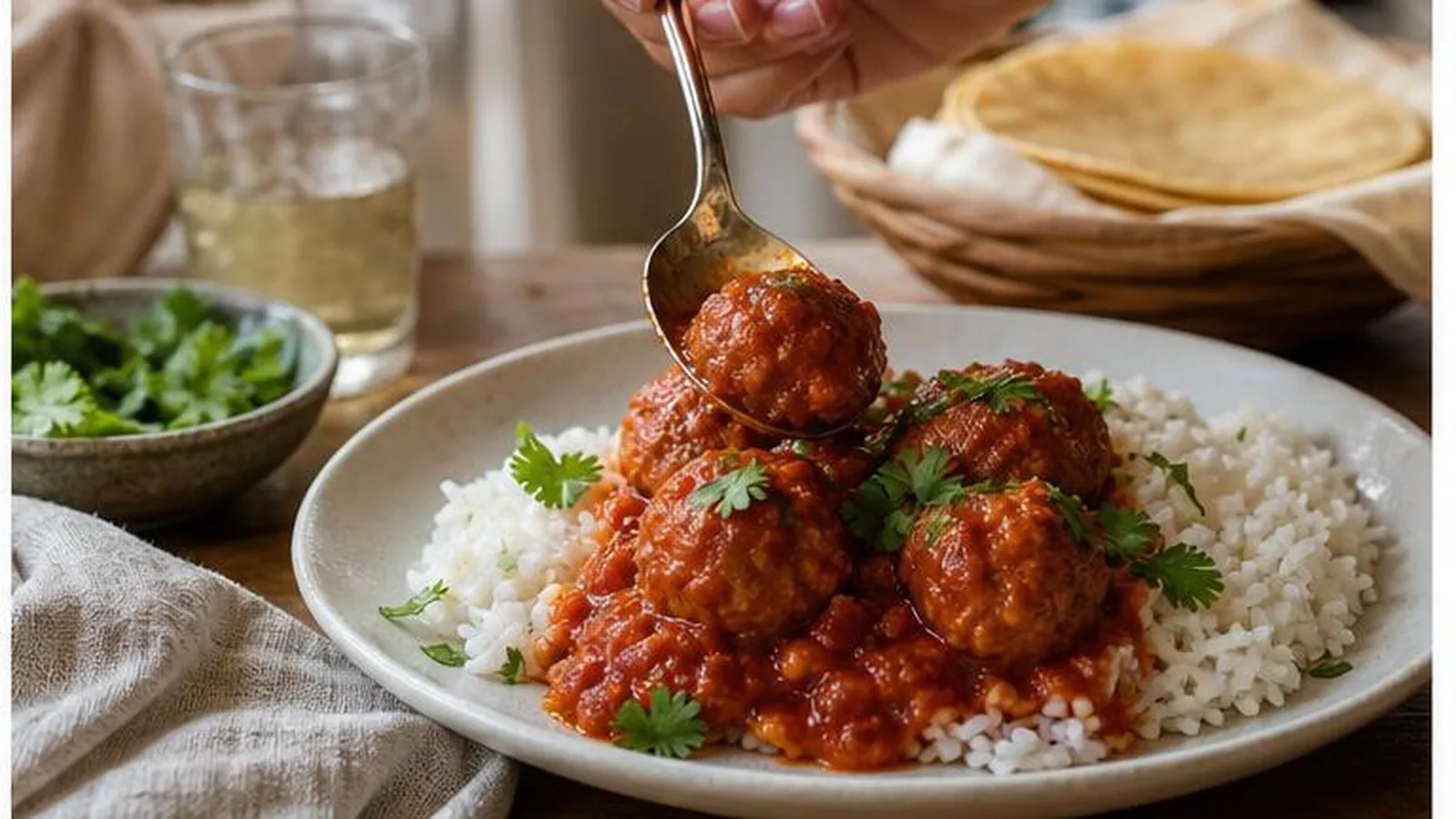 Albondigas de pollo en salsa roja con chipotle servidas en plato casero con arroz y cuchara