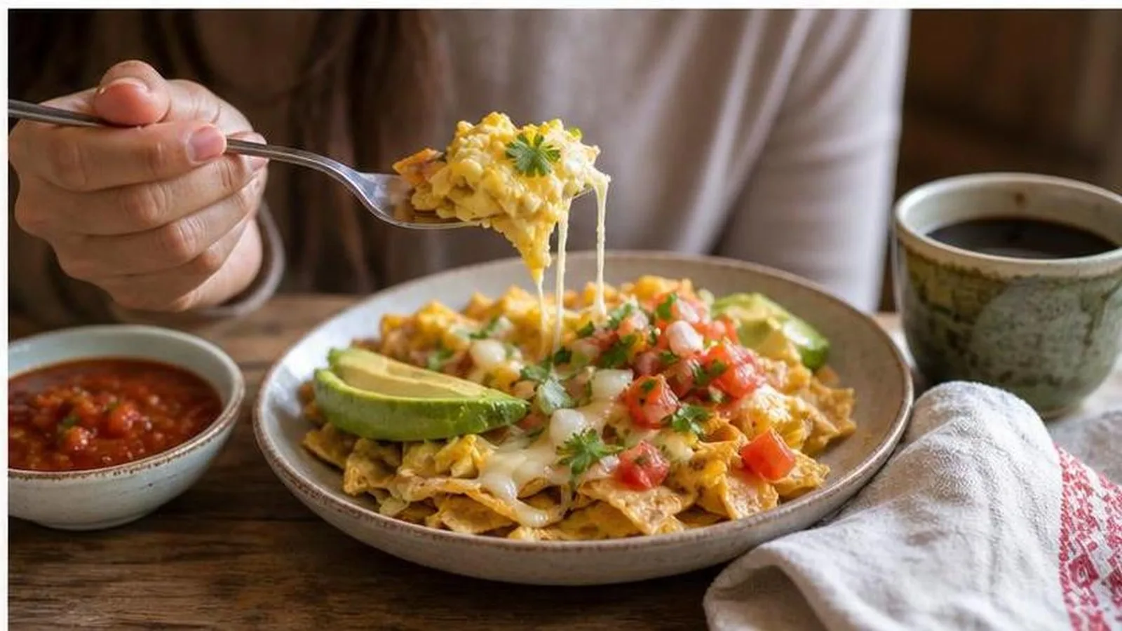 Huevos con tortilla y queso servidos con aguacate salsa y cafe