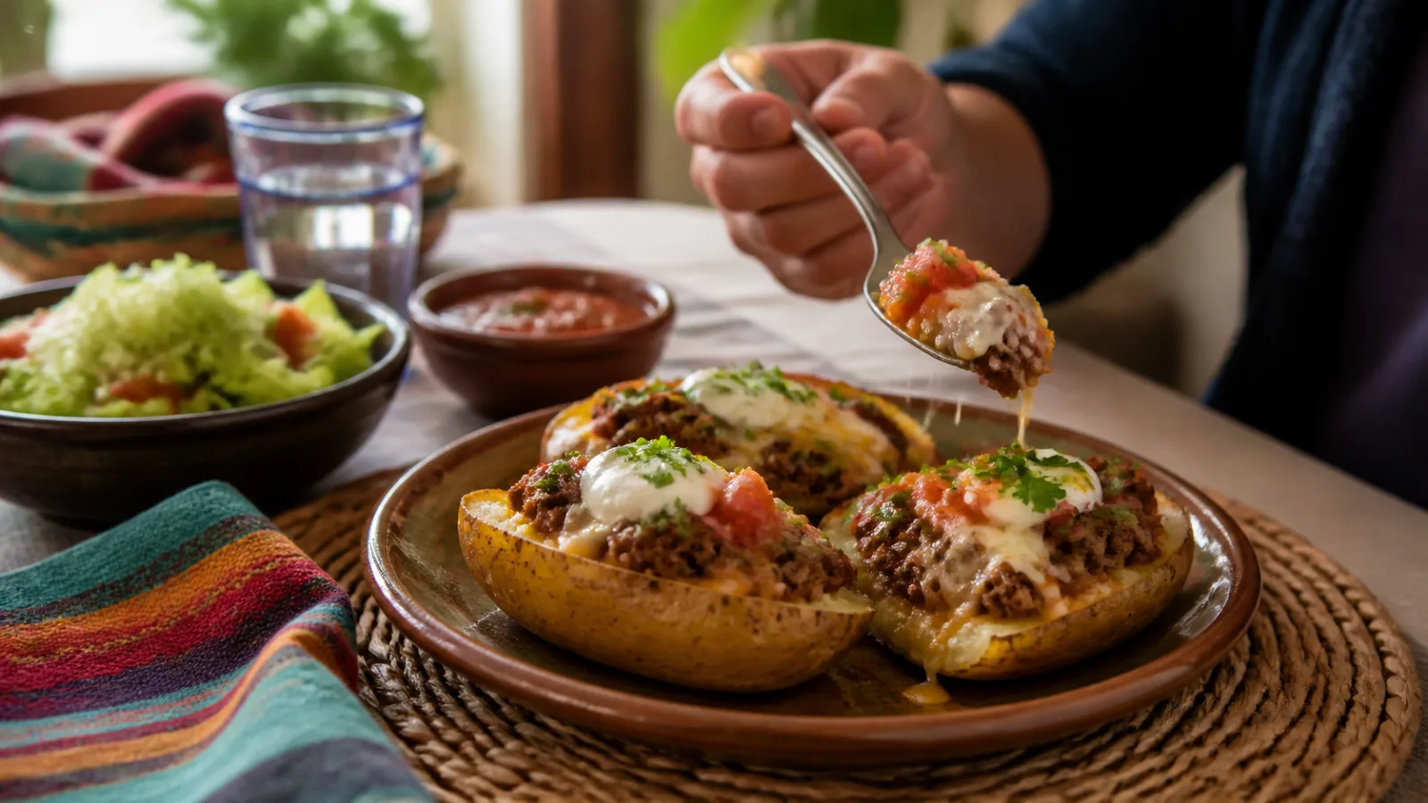 Papas rellenas de carne molida y queso servidas con salsa y ensalada
