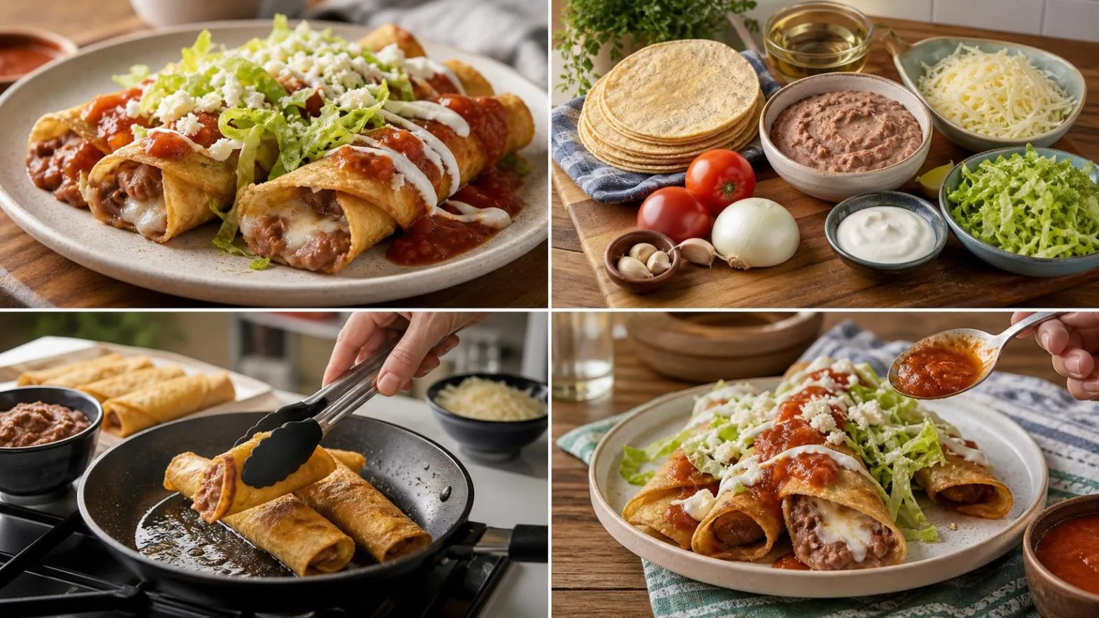 Tacos dorados de frijol con queso servidos con salsa roja y crema