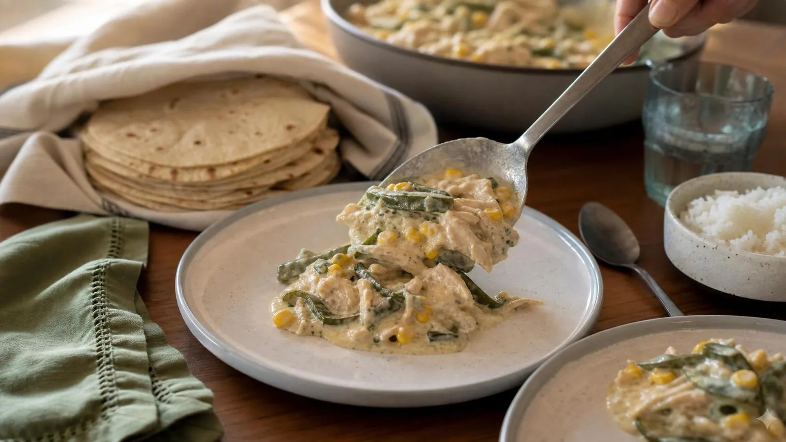 Pollo cremoso con rajas y elote servido con tortillas en mesa casera