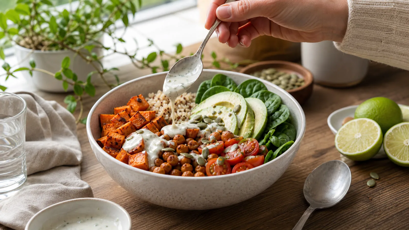 Bowl de camote garbanzos aguacate y quinoa servido con aderezo de limon