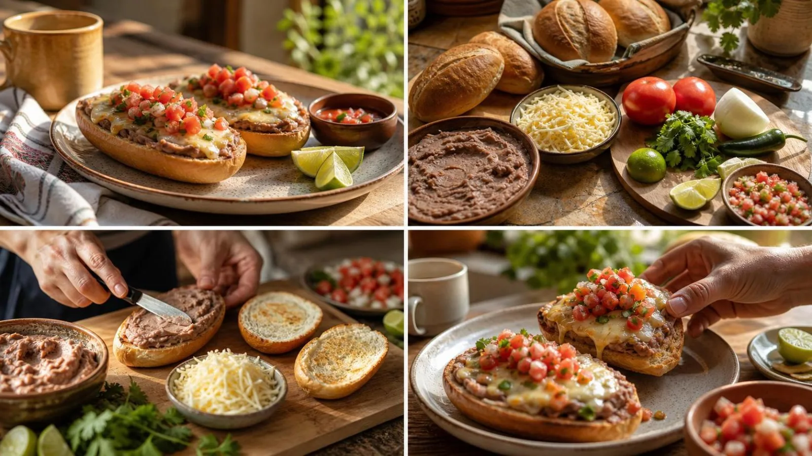 Molletes de frijol con queso gratinado siendo servidos con pico de gallo