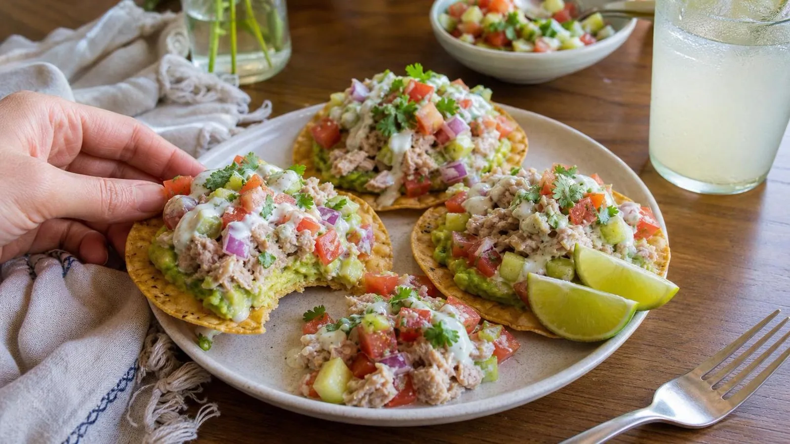 Tostadas horneadas de atun con aguacate y verduras servidas en mesa casera
