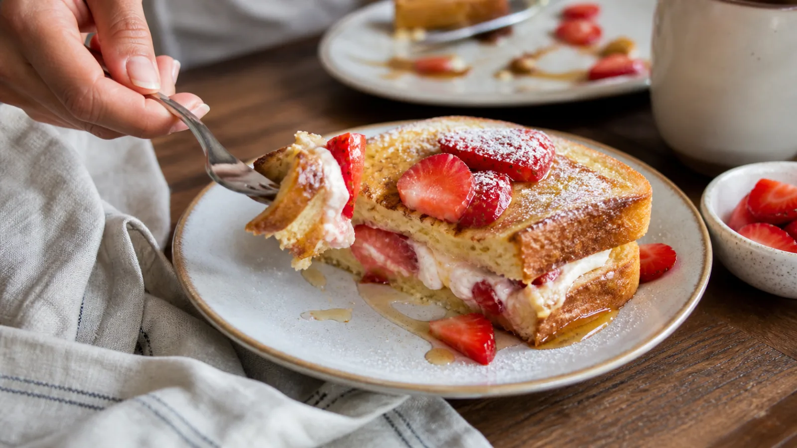 Pan frances relleno de queso crema y fresas servido en mesa de desayuno