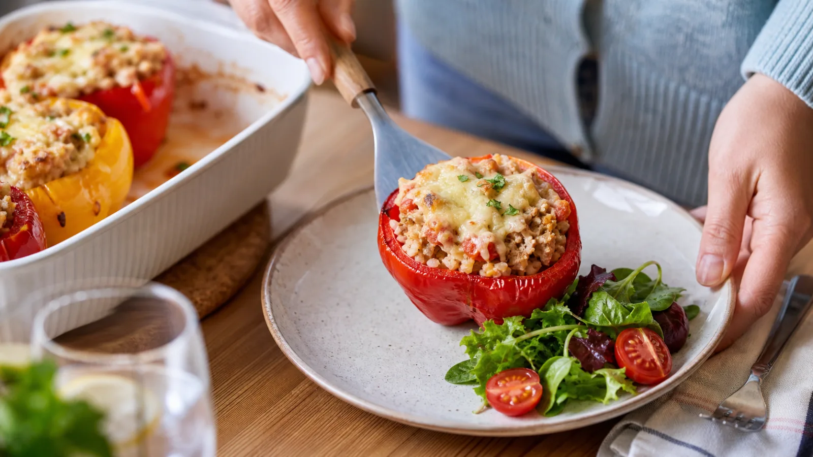 Pimiento relleno de atun con verduras servido en plato con mesa casera