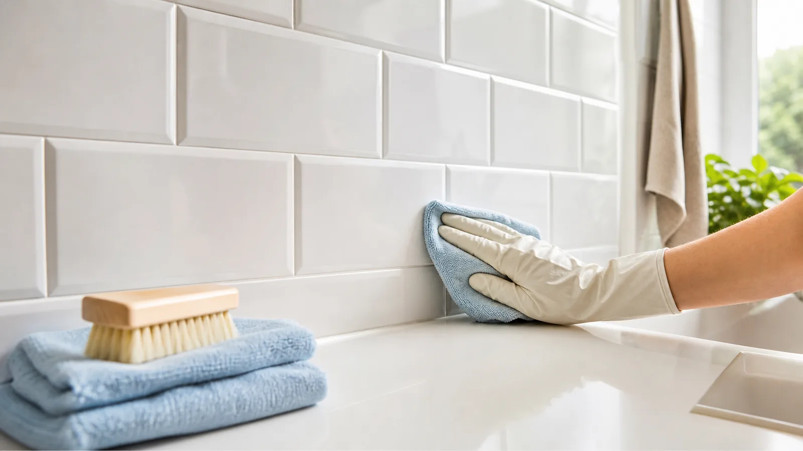 Juntas de azulejo del baño limpias despues de retirar la pasta y secar con microfibra