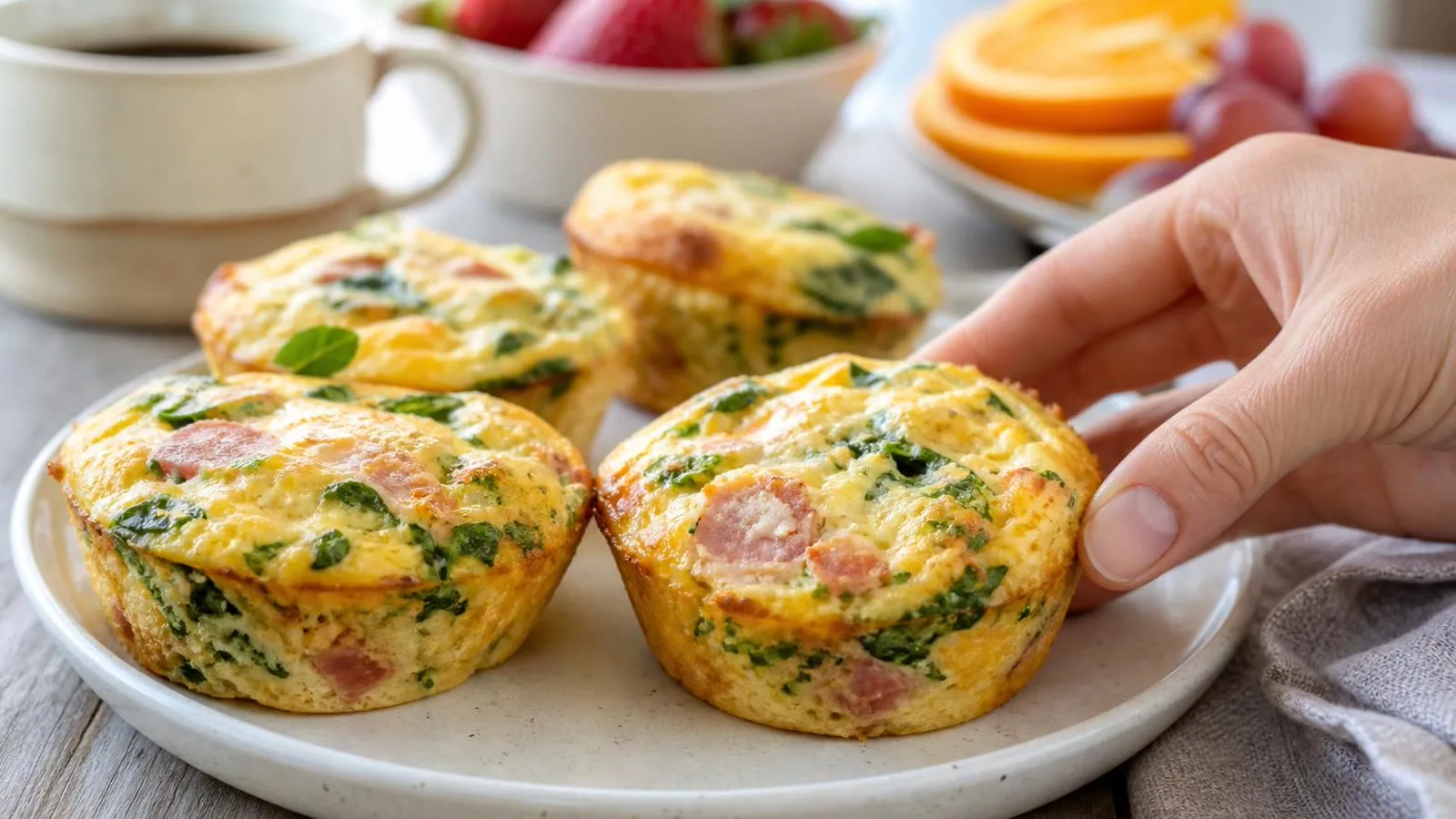 Muffins de huevo con espinaca jamon y queso servidos en plato de desayuno con cafe