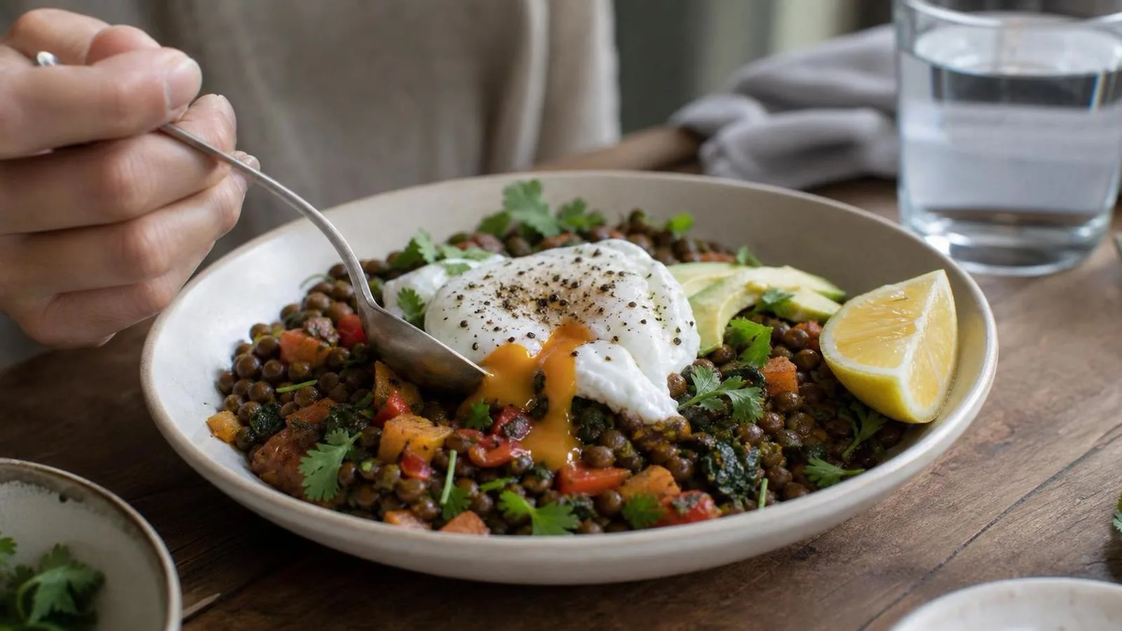 Sarten de lentejas con verduras y huevo pochado servido en plato con cuchara