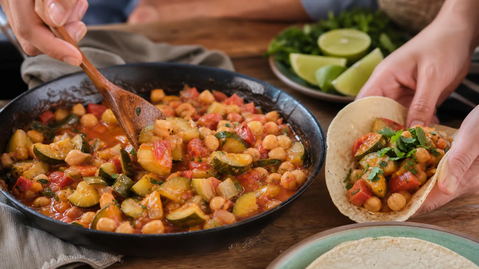 Calabacitas guisadas con garbanzos servidas en mesa casera con tortillas y limon