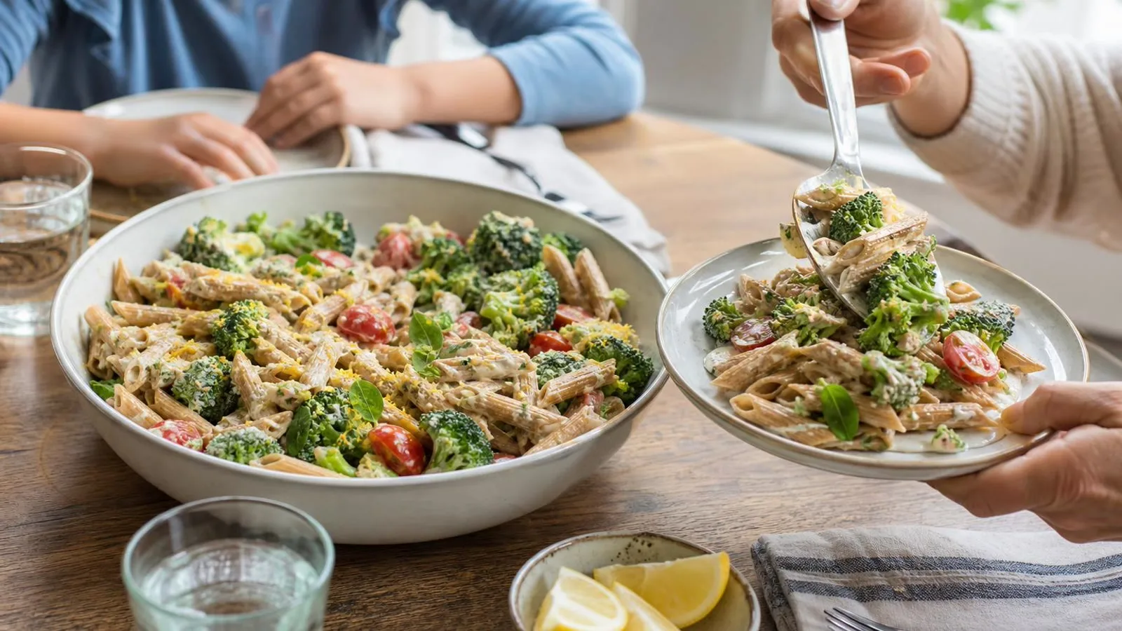 Pasta integral con brócoli y salsa de yogur siendo servida en mesa casera
