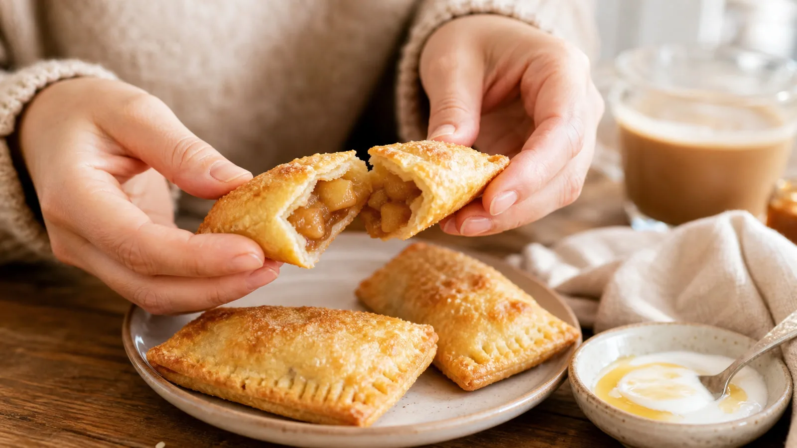 Empanadita dulce de pan de caja partida con relleno de manzana y canela servida en mesa de desayuno