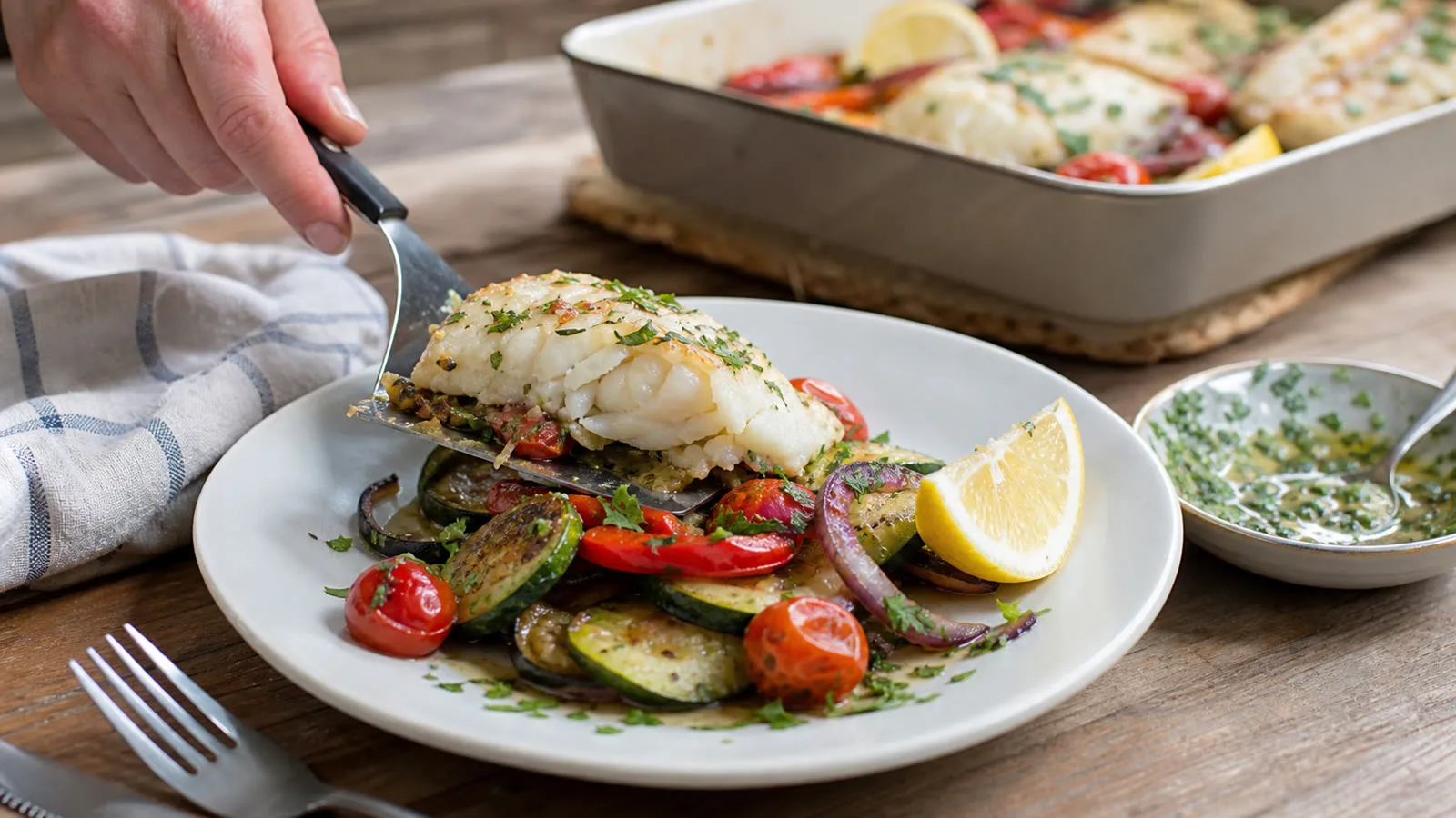 Pescado al horno con verduras y limon servido en plato casero