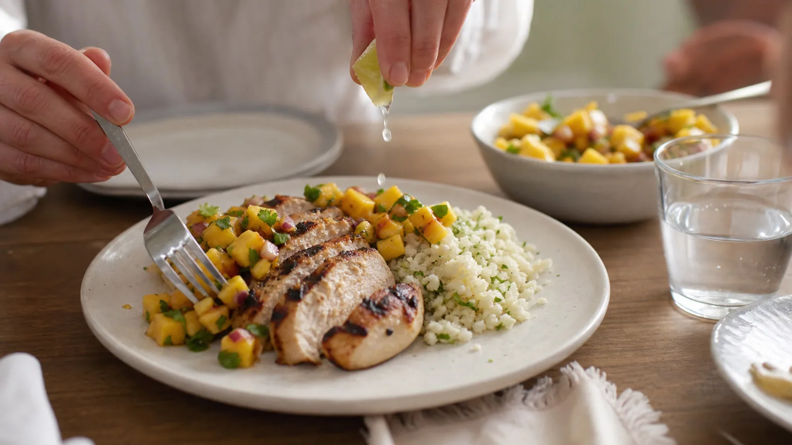 Pollo al comal con pico de mango y arroz de coliflor servido con limon en mesa casera