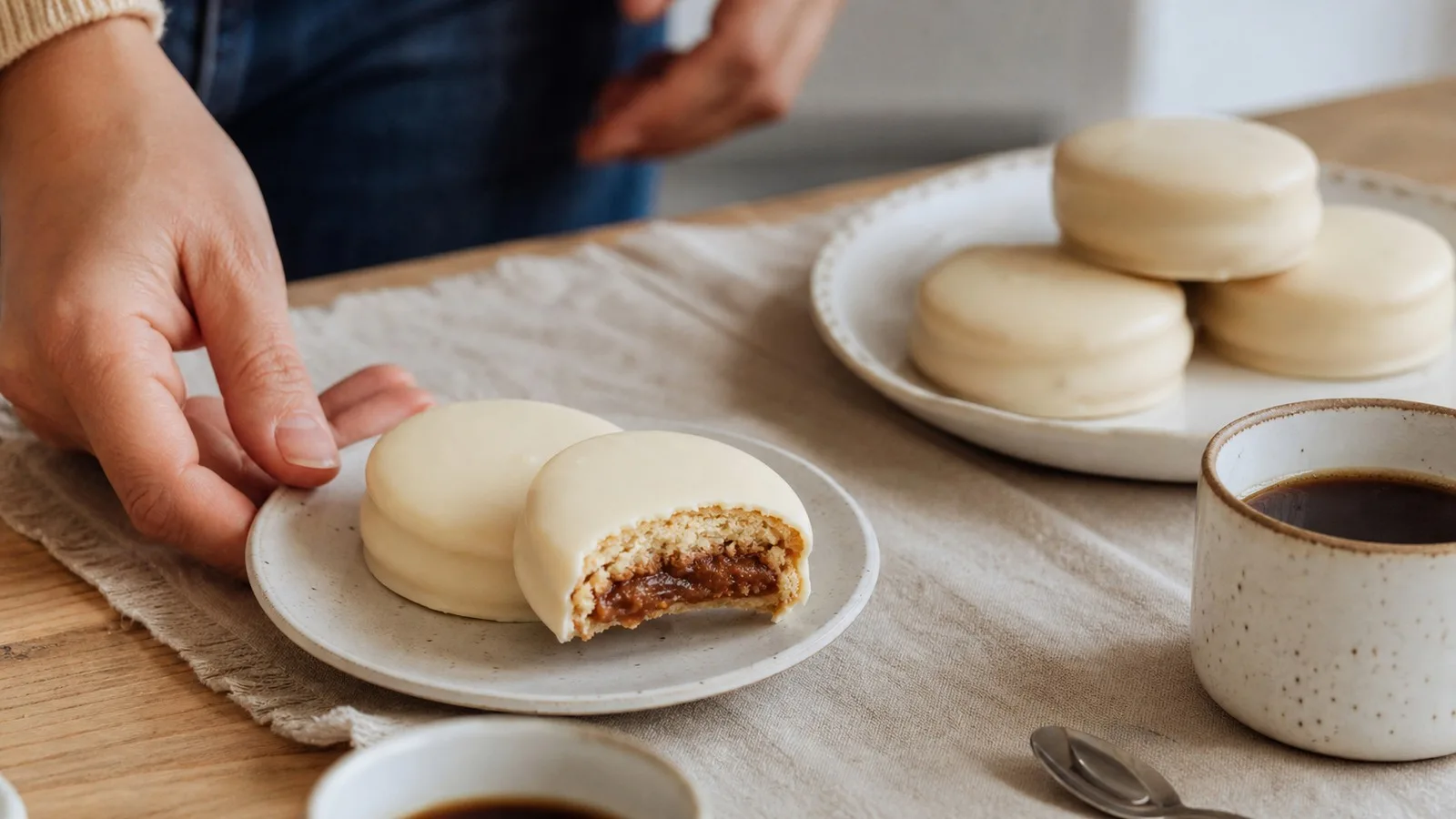 Alfajores blancos tipo marplatenses servidos con cafe y uno mordido mostrando dulce de leche