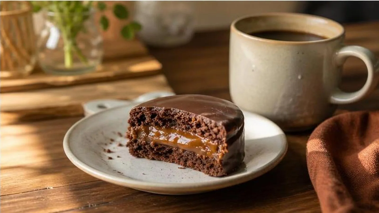 Alfajor de chocolate servido con cafe y mordida visible mostrando dulce de leche en mesa casera
