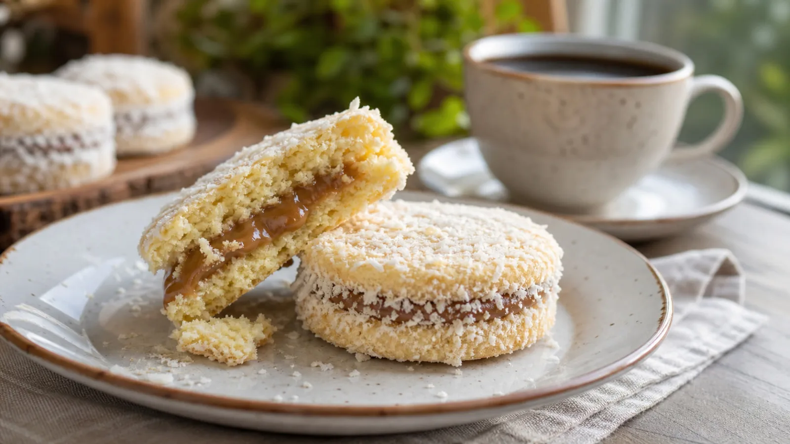 Alfajor de coco abierto con dulce de leche visible servido con cafe en mesa casera