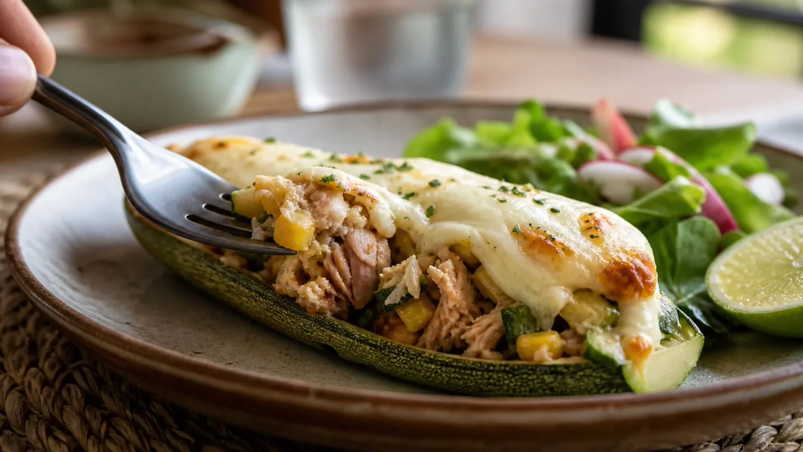 Calabacita rellena de atun con queso panela servida con limon y ensalada en mesa casera