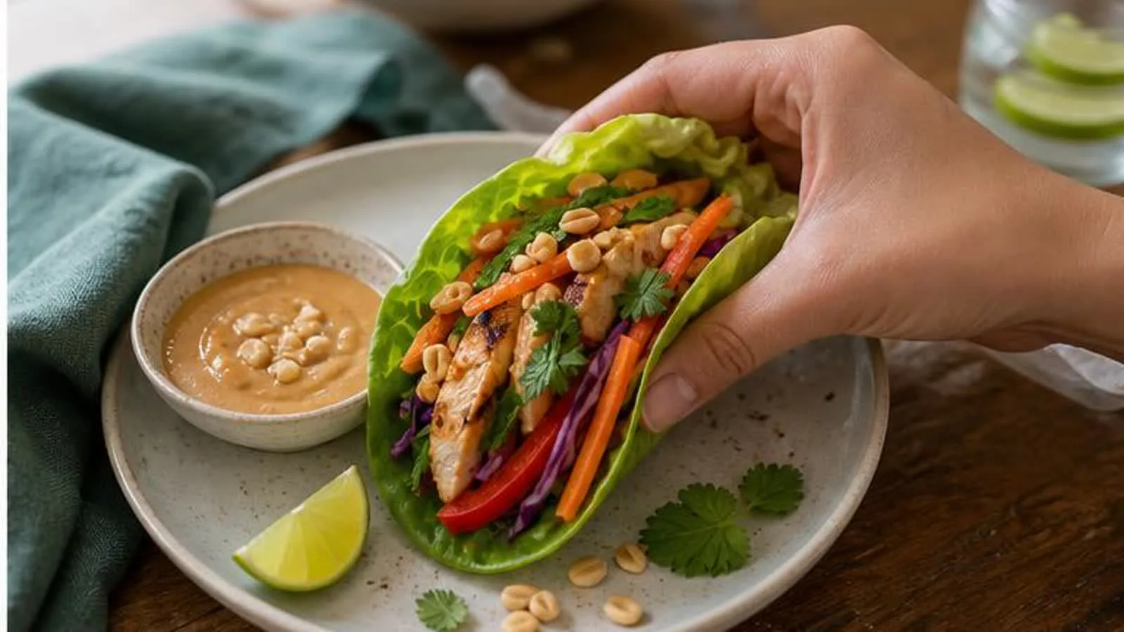 Rollito de lechuga con pollo y verduras servido con salsa de cacahuate en mesa casera