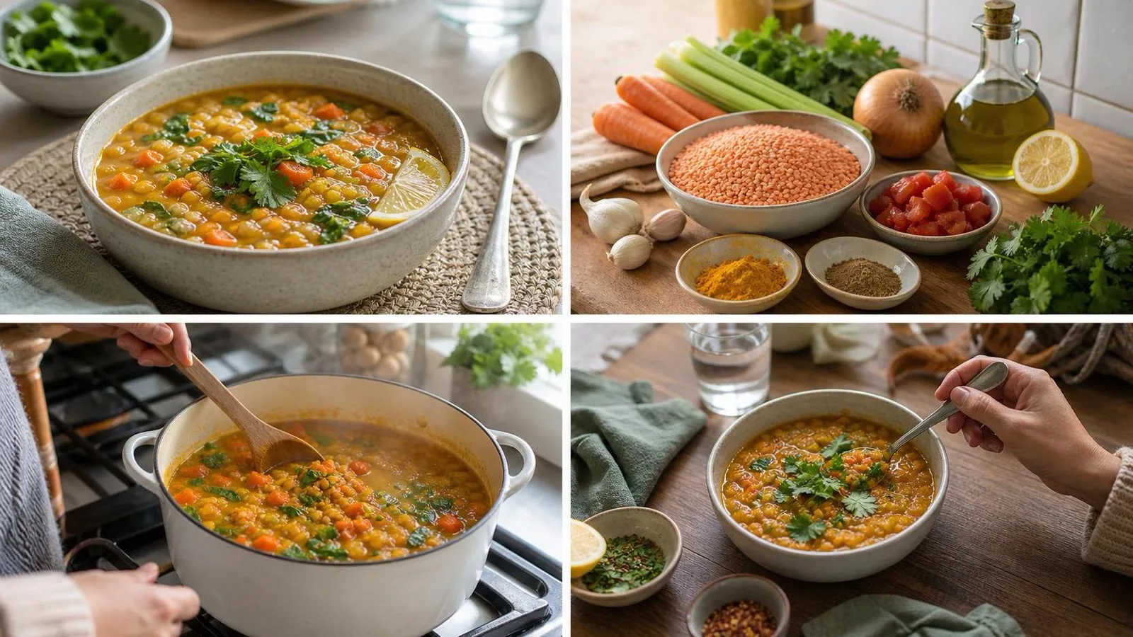 Sopa de lentejas rojas con curcuma servida con limon hierbas y cuchara en mesa casera
