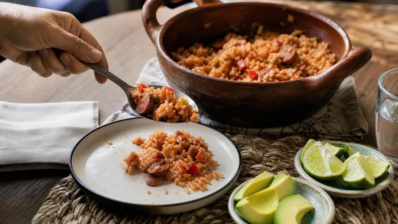 Arroz rojo con salchicha y verduras servido con cuchara y limon en mesa casera