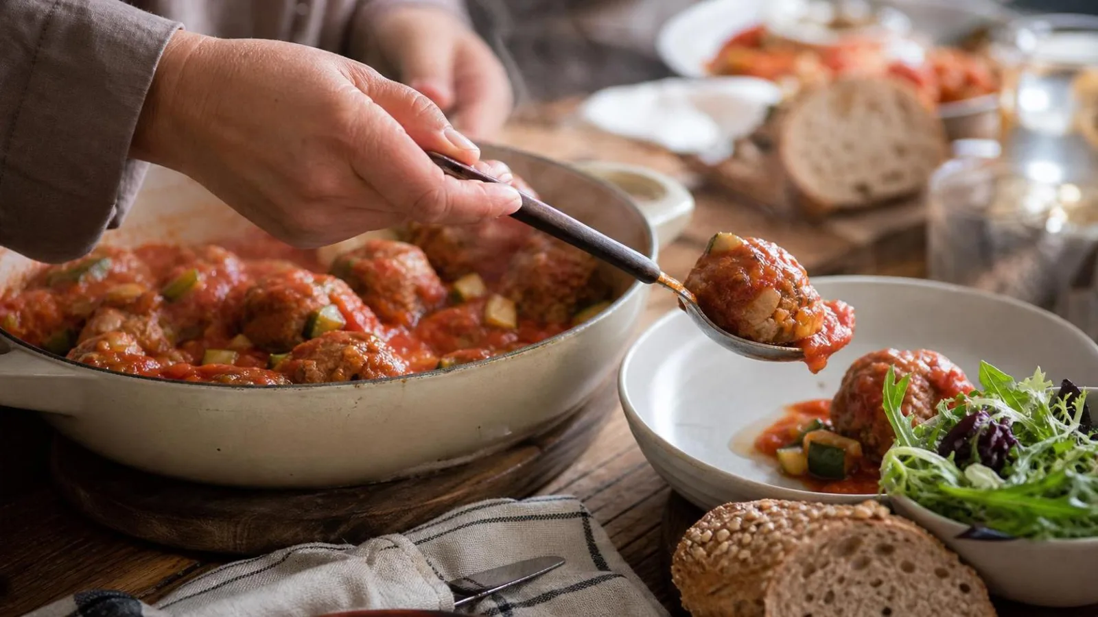 Albondigas de pavo con calabacita servidas desde una cacerola con salsa de tomate en mesa familiar